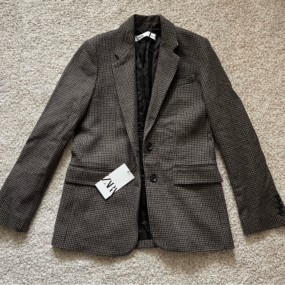 NWT - XS Zara Single Breasted Brown Patterned Blazer